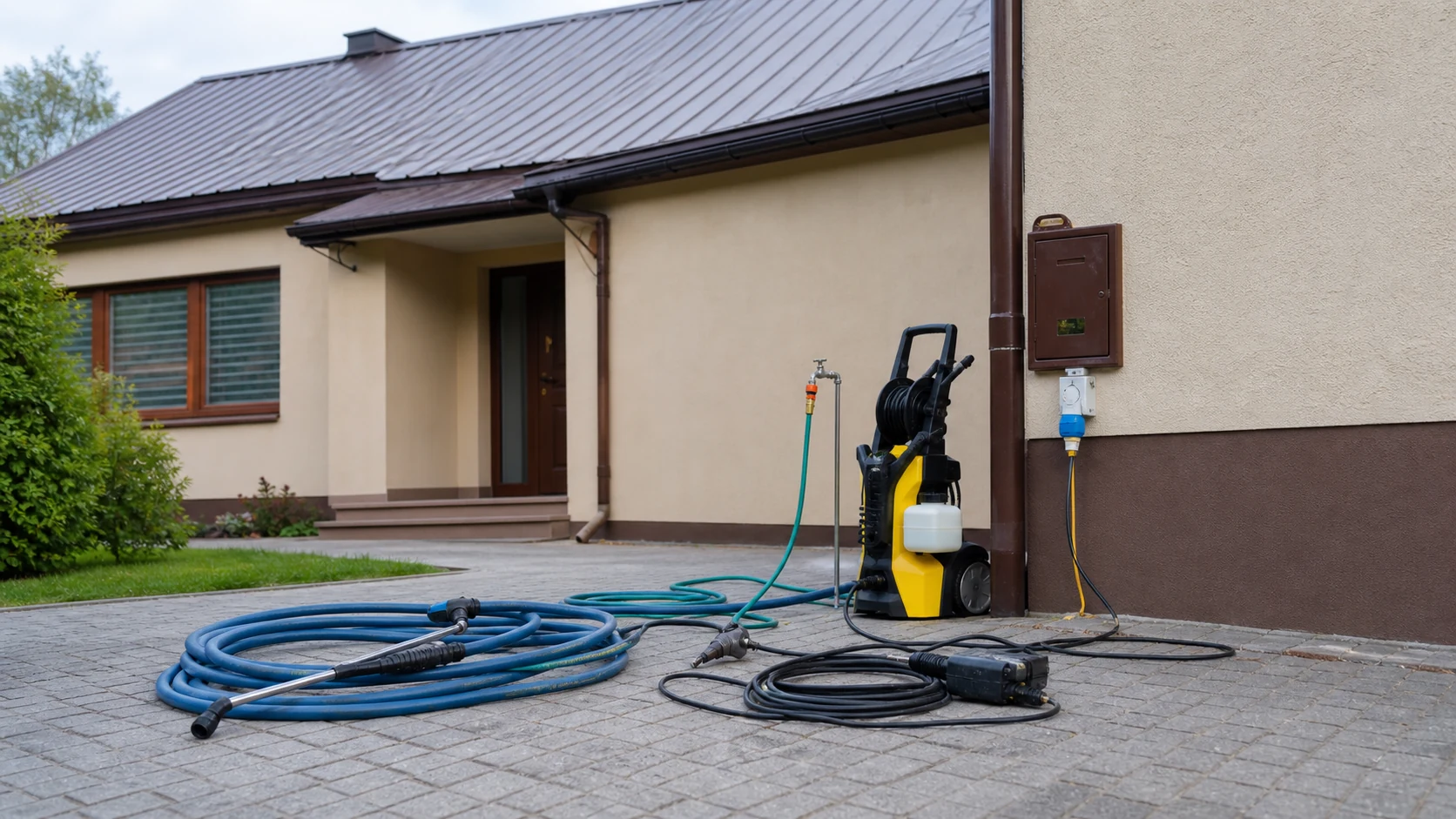 Przygotowanie dostępu do prądu i wody przed myciem oraz malowaniem dachu