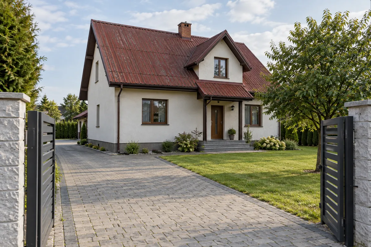 Podjazd, brama i pas terenu obok domu z dachem dwuspadowym