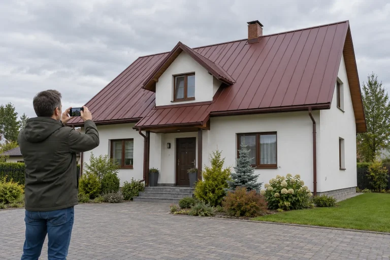 Osoba fotografująca telefonem dach domu z poziomu podjazdu